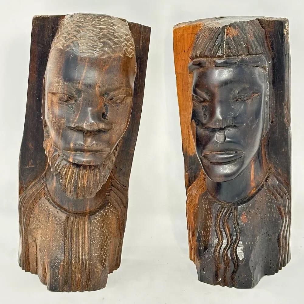 Vintage African Ironwood Bookends Hand Carved Wood Tribal Head Bust Male Female